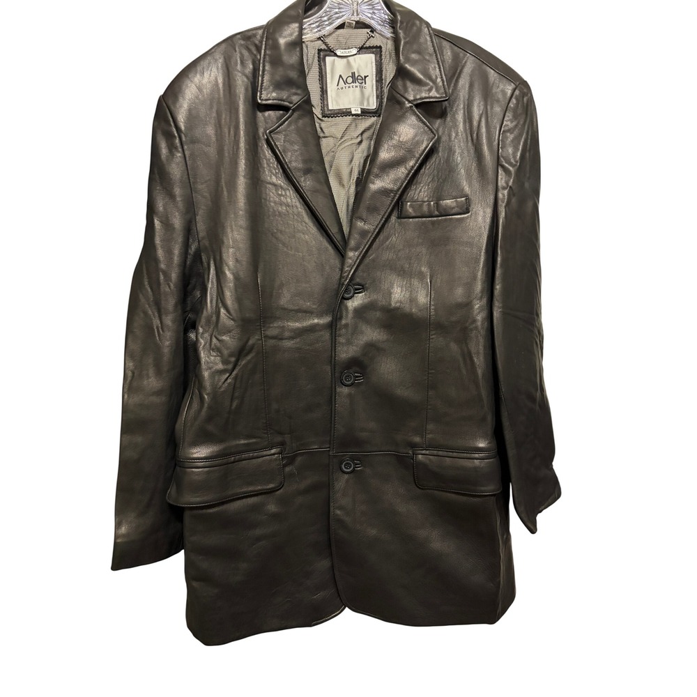 Adler Authentic Mens Genuine Leather Blazer Jacket Black Size 44 3Button LINED